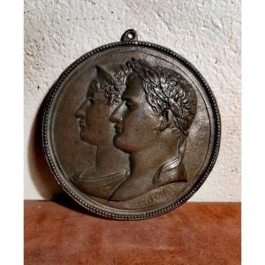 Beautiful Bronze Medal, Profiles Of Napoleon & Marie Louise, Signature Andrieu Circa 1810