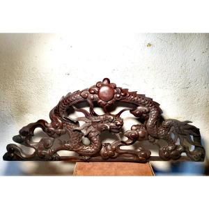 Hongmu Wood Or Ironwood, Dragon And Sacred Pearl, Good Sculpture, Vietnam Early 20th C