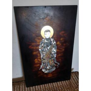 Vietnam Lacquer Pannel, Religious Figure, Mother Of Pearl, Egg Shell & Lacquer Inlay 20thc