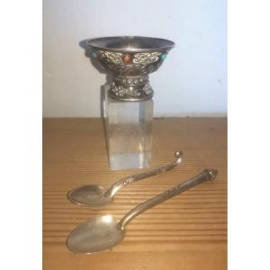 Asian Silver Lot, Tibetan Cup, Turquoise, Coral, + 2 Cambodian Spoons