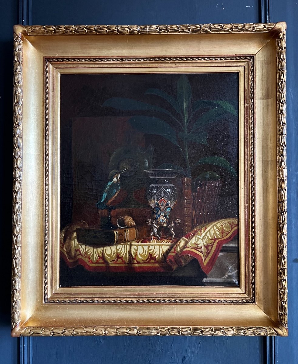 Nature Morte, Ribes et Cuivre, Peinture à l'Huile sur Toile, 19ème Siècle