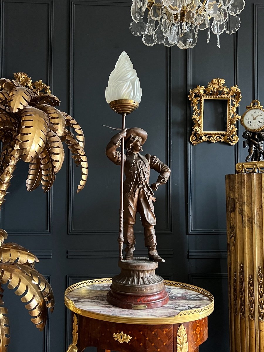 Lampe Du XIXe En Régule À décor d’un Chevalier signé « Lancastre par Poitevin »-photo-3