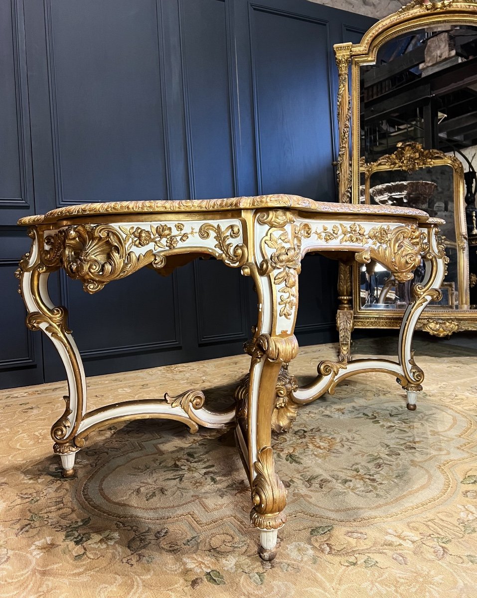 Table De Milieu D’époque Napoléon III En Bois Peint Et Doré - XIXe -photo-2