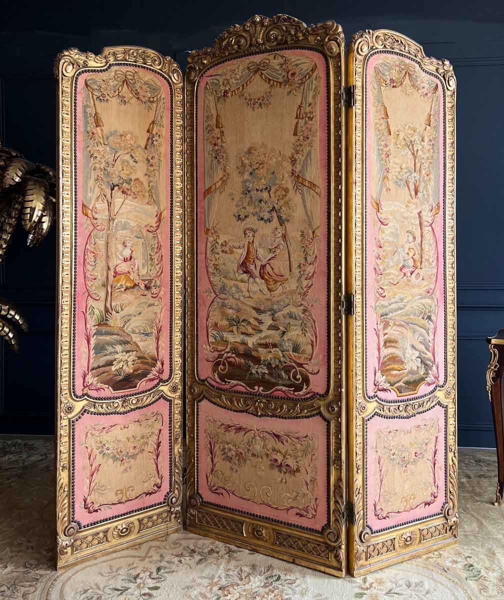 Paravent D’époque Napoléon III En Bois Doré Et Tapisserie D’aubusson - XIXe -photo-2