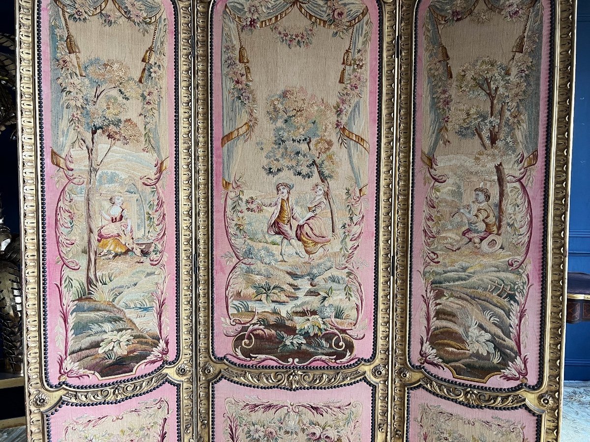 Paravent D’époque Napoléon III En Bois Doré Et Tapisserie D’aubusson - XIXe -photo-1