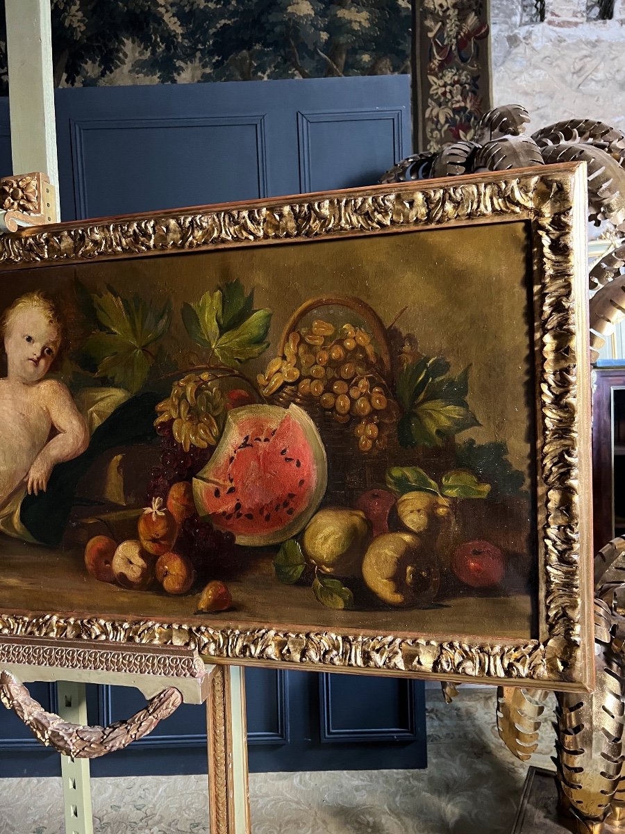 Haut De Porte / Huile Sur Toile Du XIXe Représentant Une Scène Au Putti -photo-1