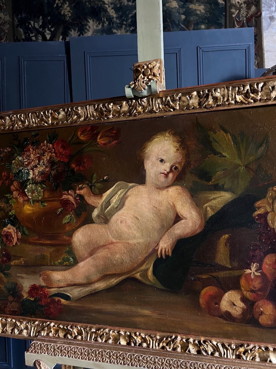 Haut De Porte / Huile Sur Toile Du XIXe Représentant Une Scène Au Putti -photo-2