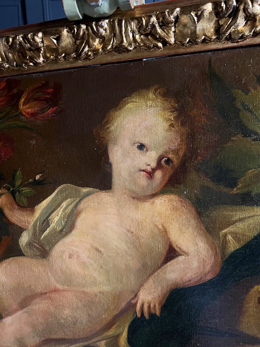 Haut De Porte / Huile Sur Toile Du XIXe Représentant Une Scène Au Putti -photo-3