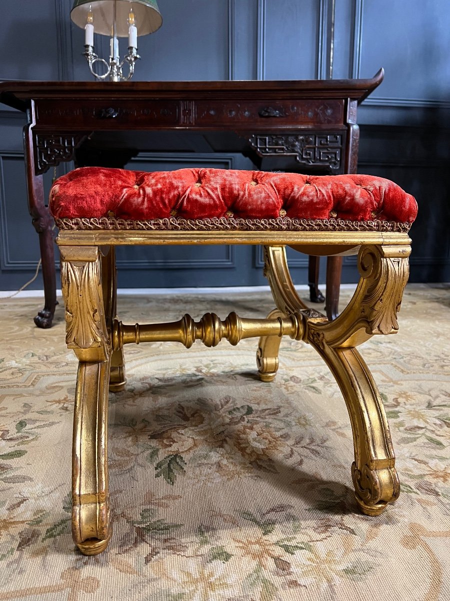 Tabouret De Style Napoléon III En Bois Doré Et Finement Sculpté -photo-3