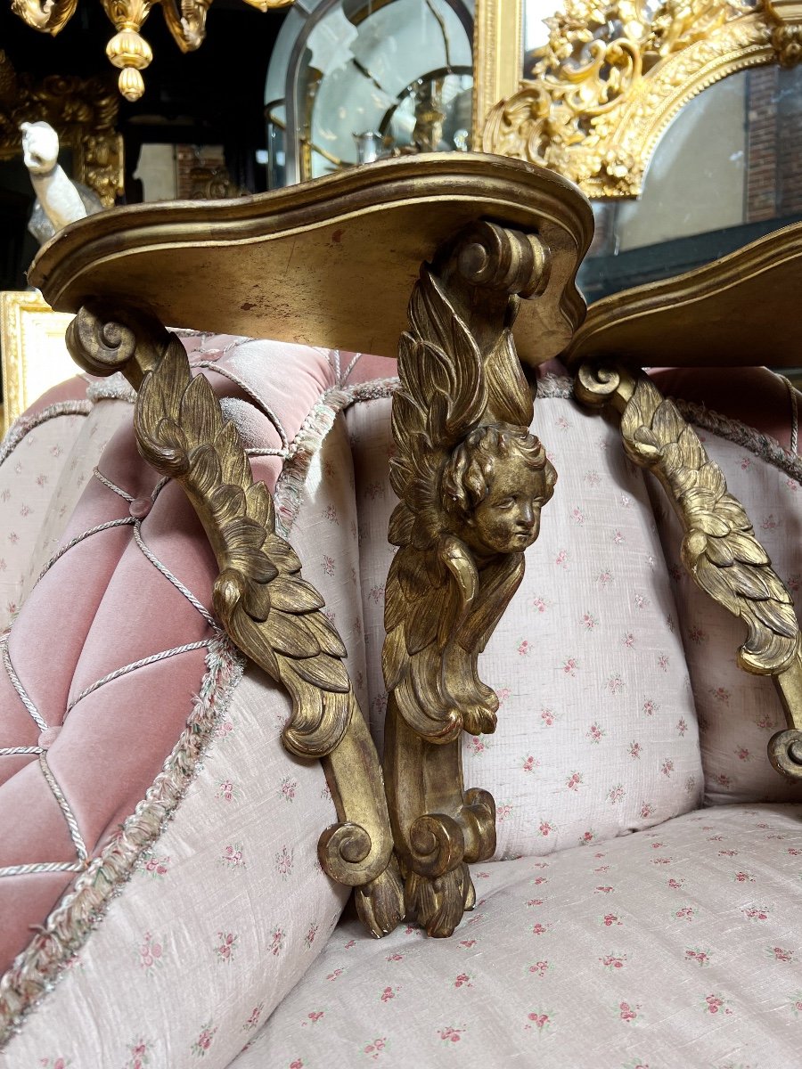 Pair Of Napoleon III Period Wall Consoles In Gilded Wood Decorated With Cherub Heads-photo-4