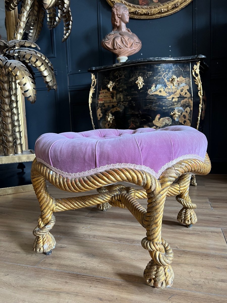 Pouf / Tabouret d'époque Napoléon III Avec Piètement Cordage En Bois Doré Et Sculpté - XIXe-photo-2