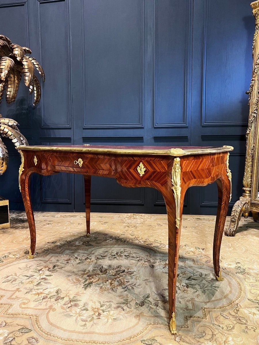 Napoleon III Period Desk In Marquetry Decorated With Gilded Bronzes In Louis XV Style - 19th-photo-1