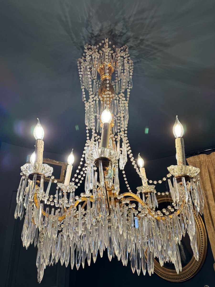 Large 19th Century Italian / Genoese Chandelier In Gilded Wood And Crystal-photo-2