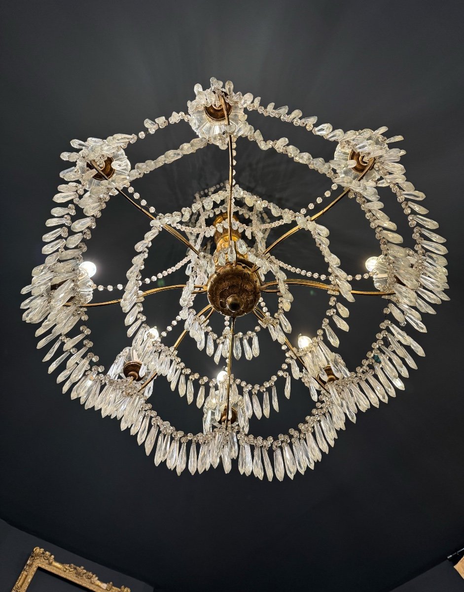 Large 19th Century Italian / Genoese Chandelier In Gilded Wood And Crystal-photo-3