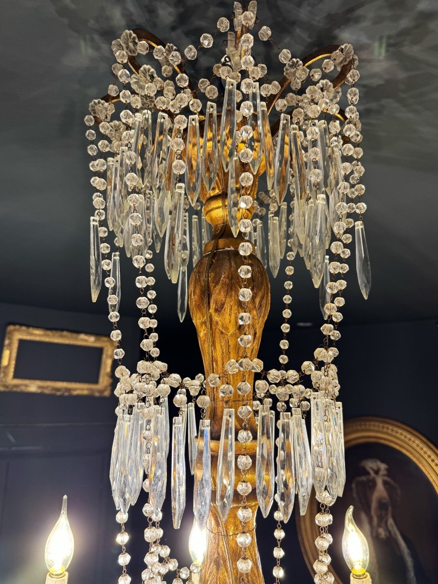 Large 19th Century Italian / Genoese Chandelier In Gilded Wood And Crystal-photo-2