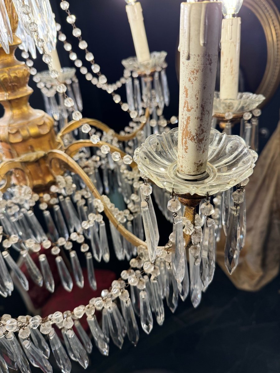 Large 19th Century Italian / Genoese Chandelier In Gilded Wood And Crystal-photo-5