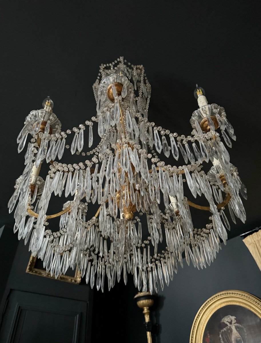 Large 19th Century Italian / Genoese Chandelier In Gilded Wood And Crystal-photo-7