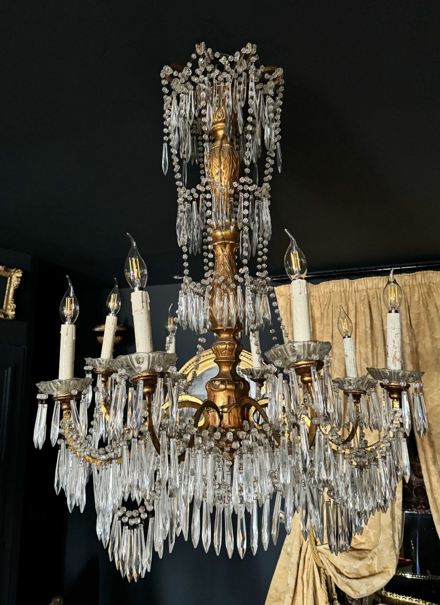 Large 19th Century Italian / Genoese Chandelier In Gilded Wood And Crystal-photo-8