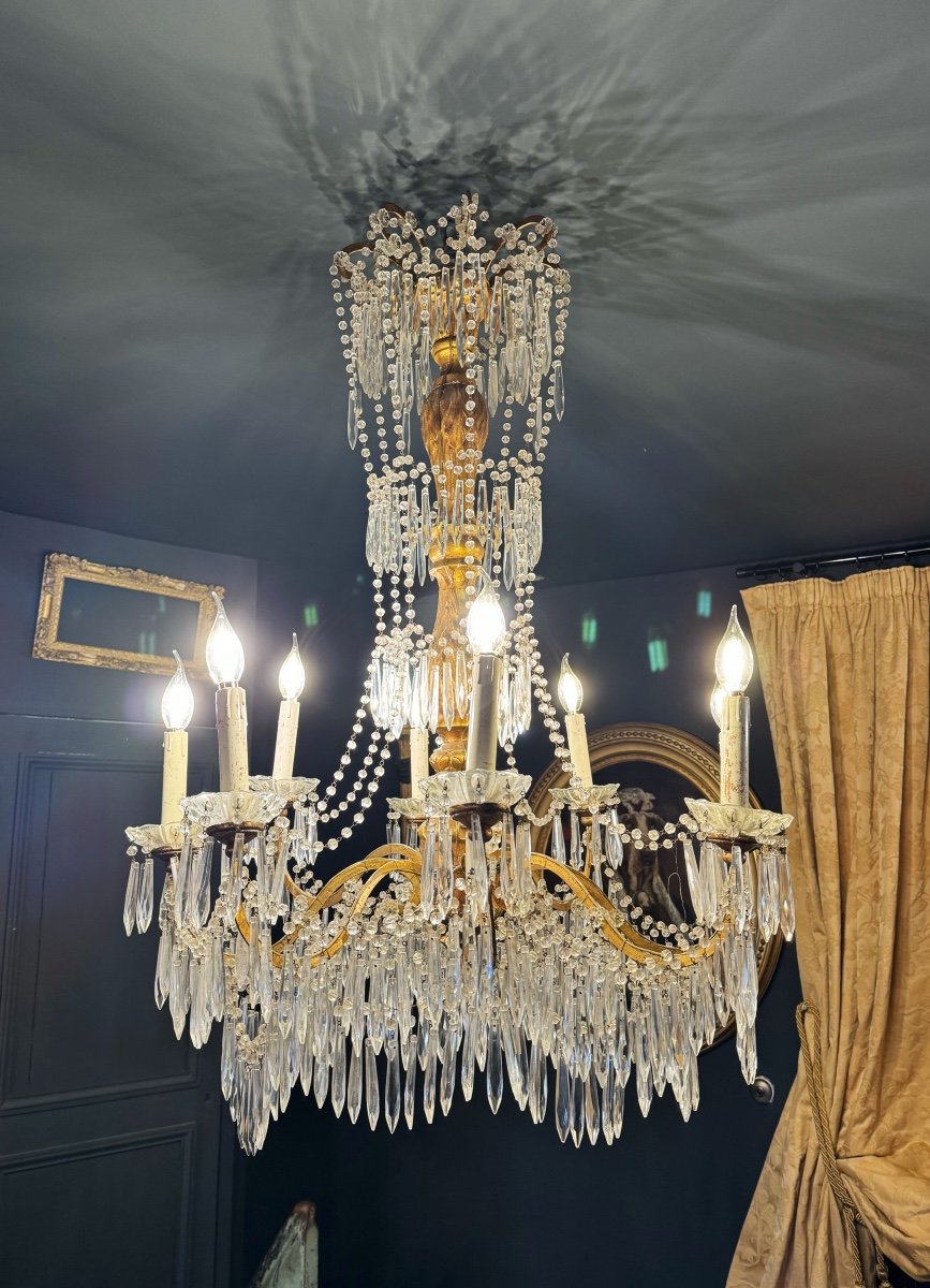 Grand Lustre Italien / Génois Du XIXe En Bois Dore Et Cristal 