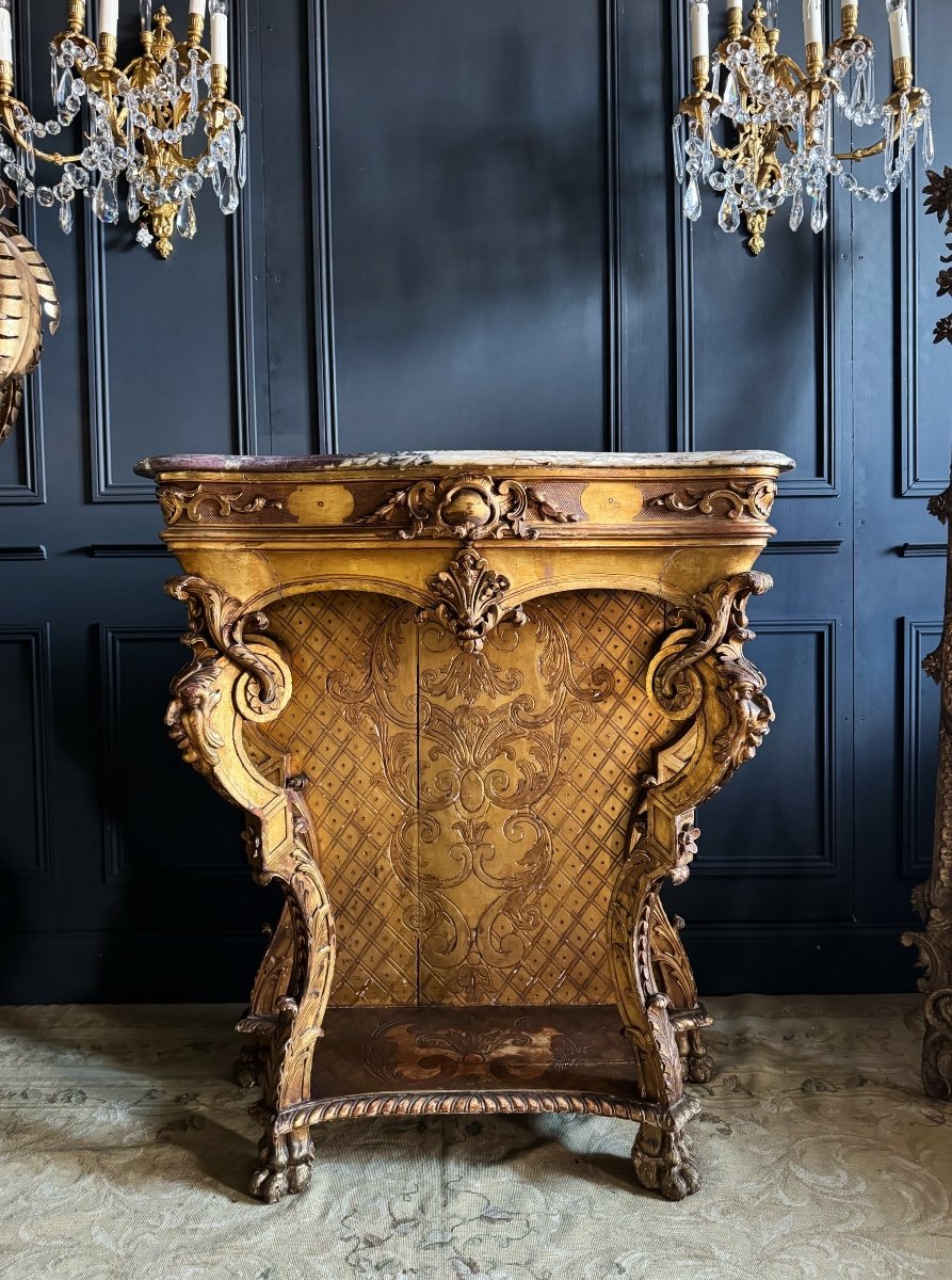 Maison Soubrier: Napoleon III Period Console In Carved And Gilded Wood - 19th Century-photo-2
