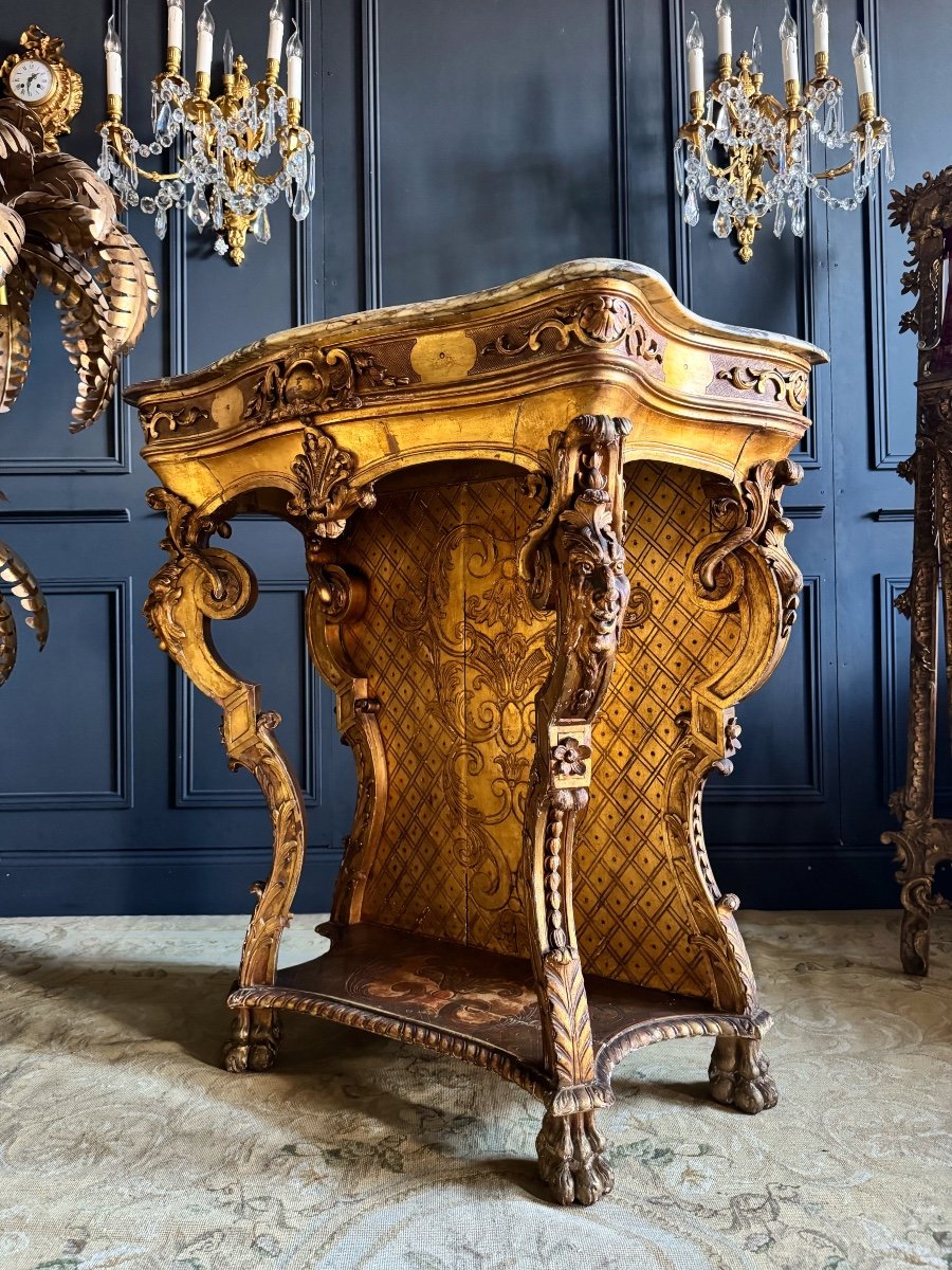 Maison Soubrier: Napoleon III Period Console In Carved And Gilded Wood - 19th Century