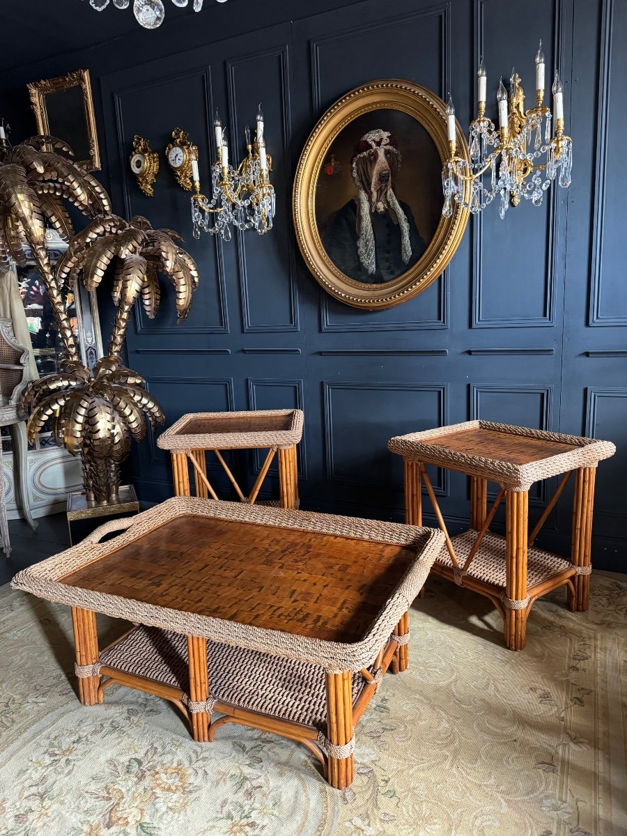 Coffee Table And Pair Of Sofa Ends From The 70s In Bamboo - 20th Century -photo-3