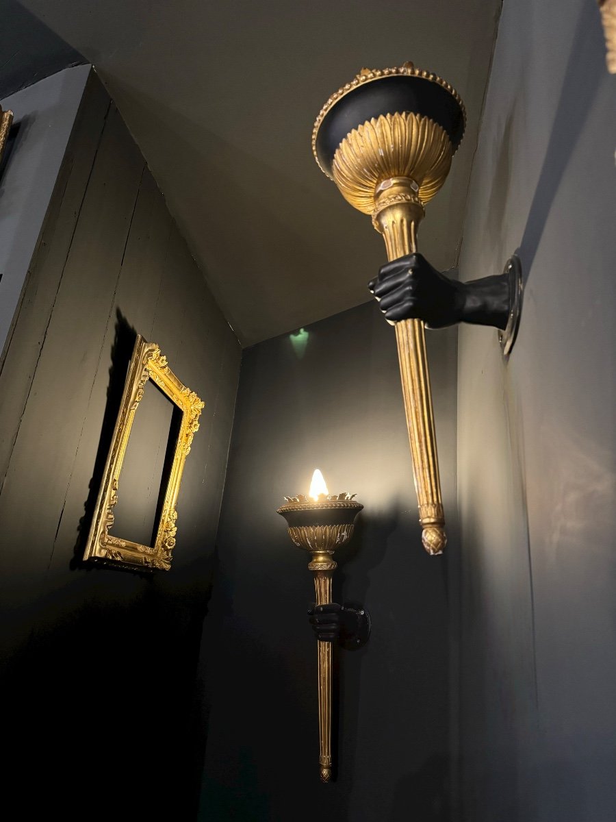 Pair Of 19th Century Torchieres / Wall Sconces In Gilded Wood And Bronze 