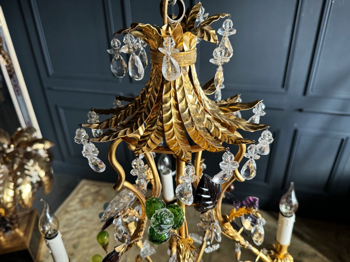 Maison Rings Chandelier In Gilt Bronze Decorated With Glass Flowers - 20th Century-photo-3