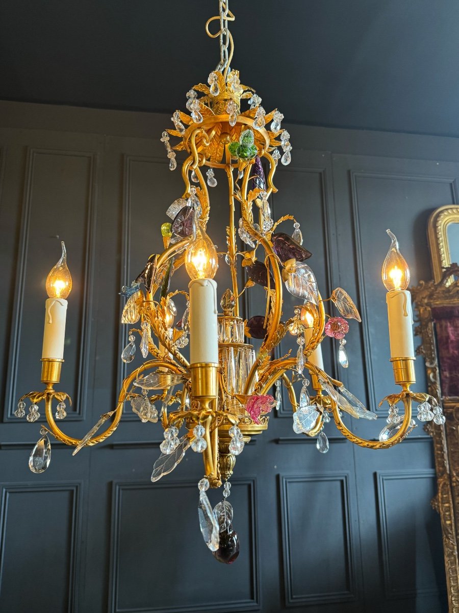 Maison Rings Chandelier In Gilt Bronze Decorated With Glass Flowers - 20th Century