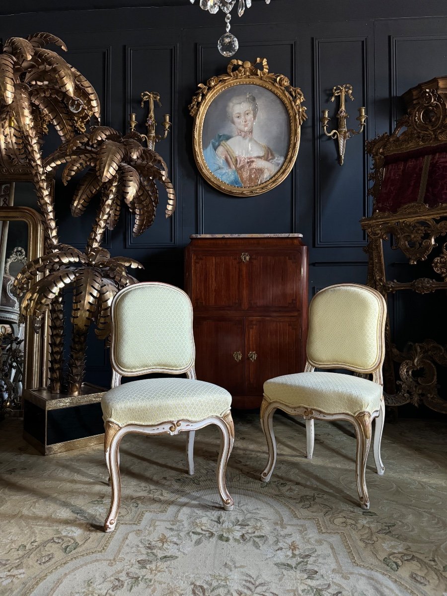 Pair Of Louis XV Style Chairs / Low Chairs In Painted And Gilded Wood - 20th Century -photo-3