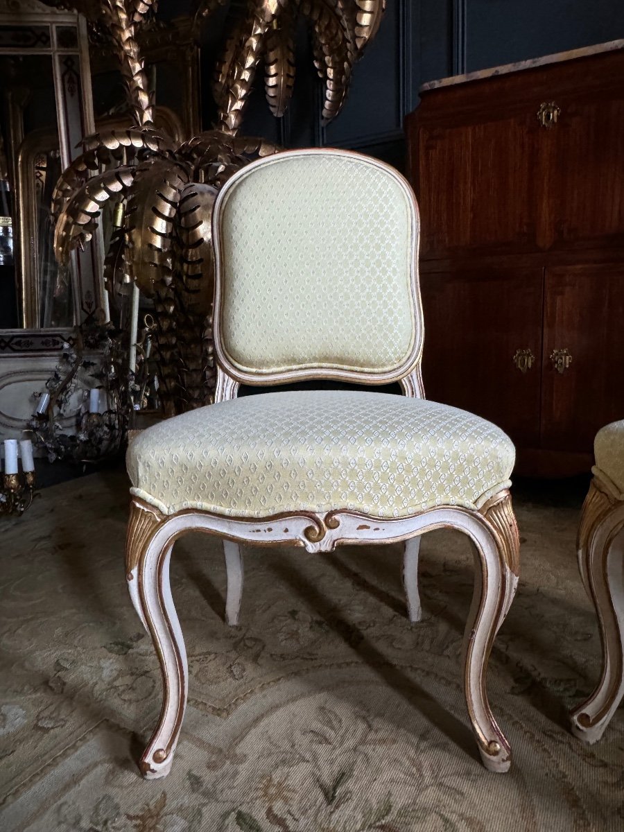Pair Of Louis XV Style Chairs / Low Chairs In Painted And Gilded Wood - 20th Century -photo-1