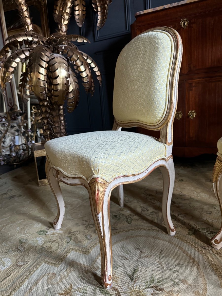 Pair Of Louis XV Style Chairs / Low Chairs In Painted And Gilded Wood - 20th Century -photo-3