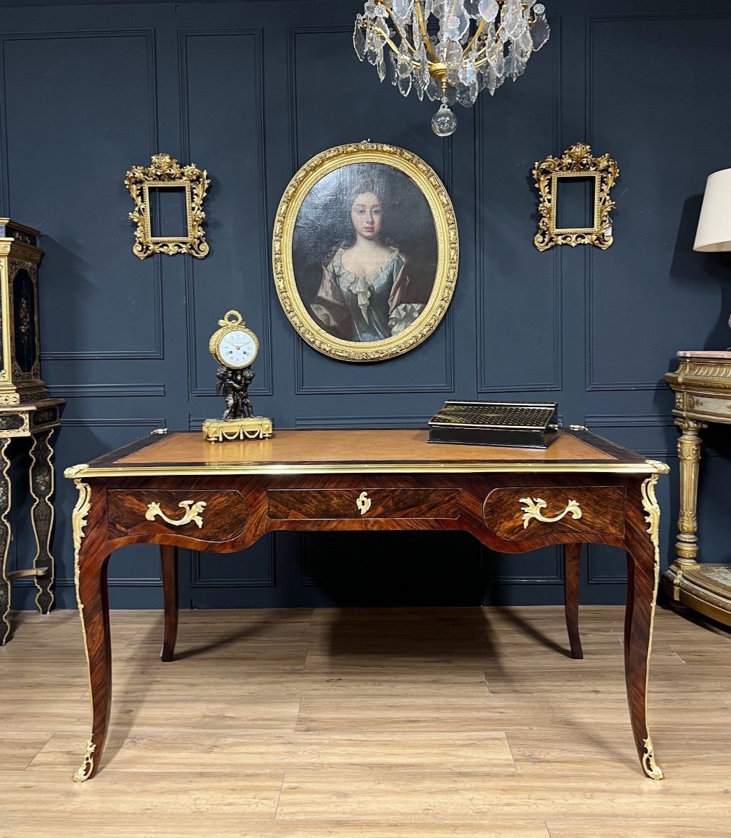 Napoleon III Period Desk In Louis XV Style Marquetry And Gilded Bronzes-photo-2