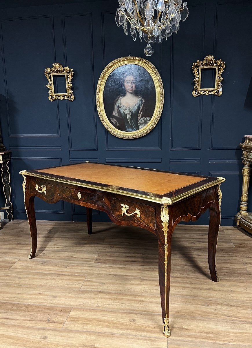 Bureau D’époque Napoléon III En Marqueterie Et Bronzes Dorés De Style Louis XV-photo-3