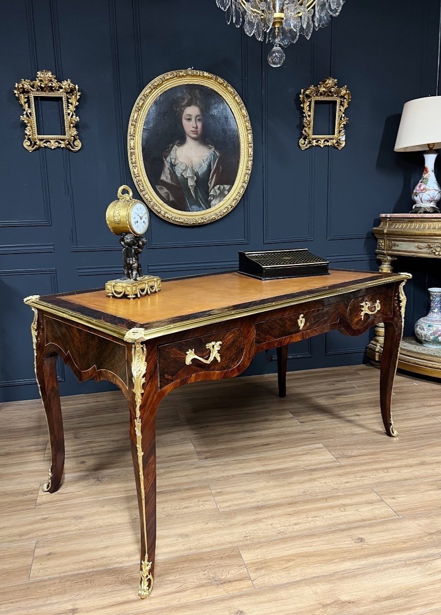 Napoleon III Period Desk In Louis XV Style Marquetry And Gilded Bronzes