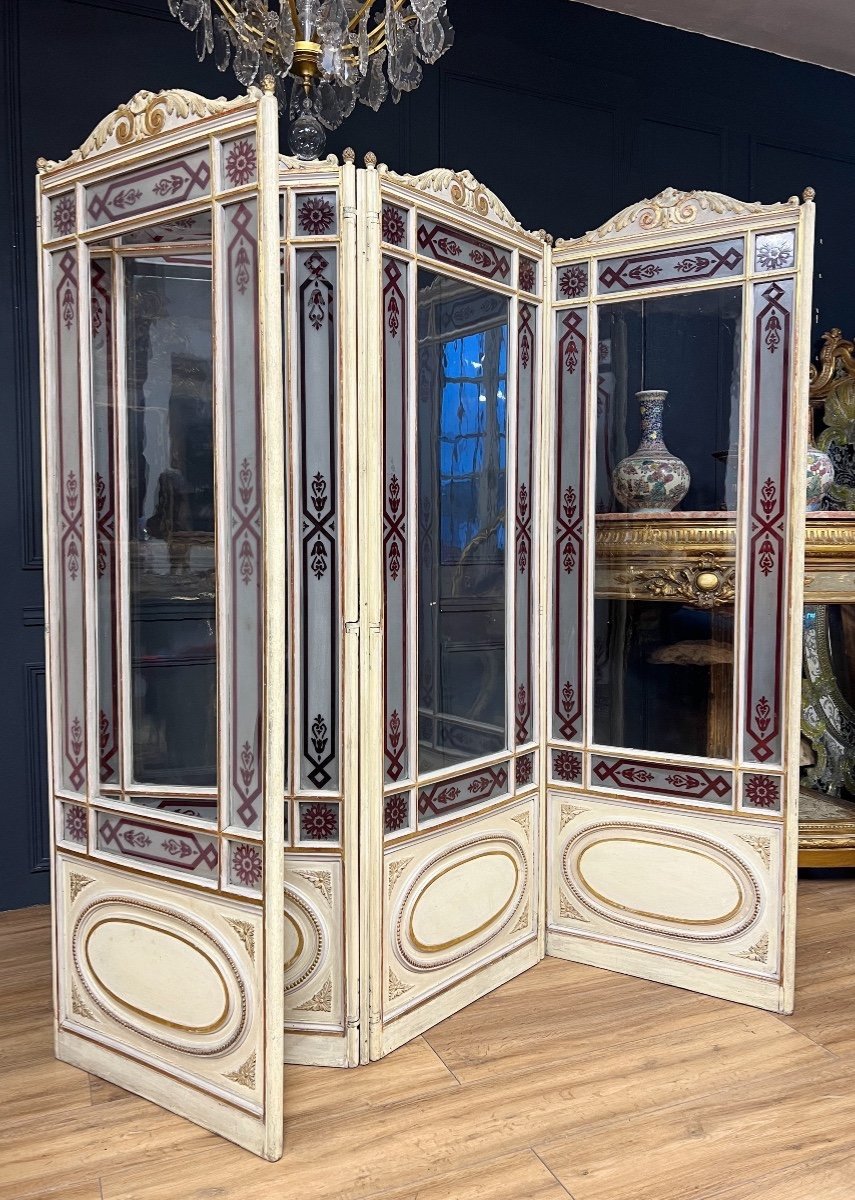 Screen With 4 Leaves From The 19th Century In Painted Wood And Acid-etched Glass, Louis XVI Style-photo-4