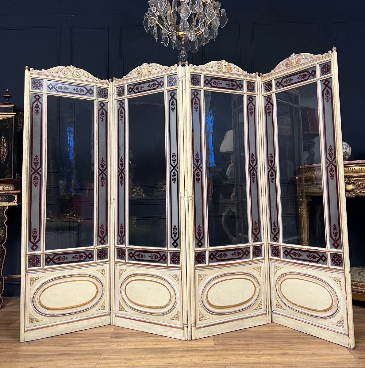 Screen With 4 Leaves From The 19th Century In Painted Wood And Acid-etched Glass, Louis XVI Style-photo-3