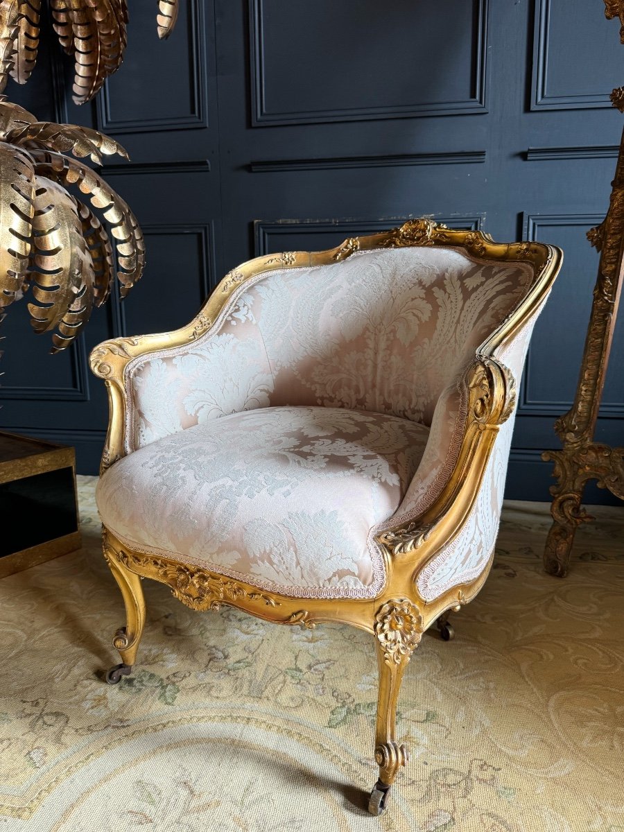 Chauffeuse D’époque Napoléon III En Bois Doré Et Sculpté De Style Louis XV - XIXe-photo-2