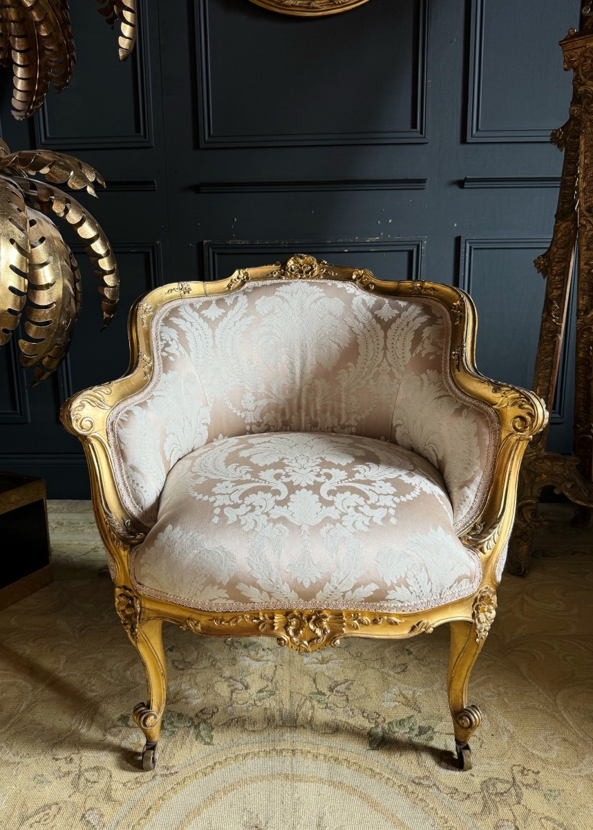 Chauffeuse D’époque Napoléon III En Bois Doré Et Sculpté De Style Louis XV - XIXe-photo-3