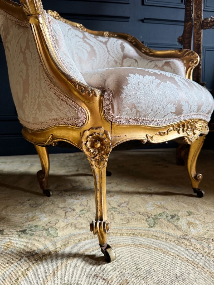 Chauffeuse D’époque Napoléon III En Bois Doré Et Sculpté De Style Louis XV - XIXe-photo-3