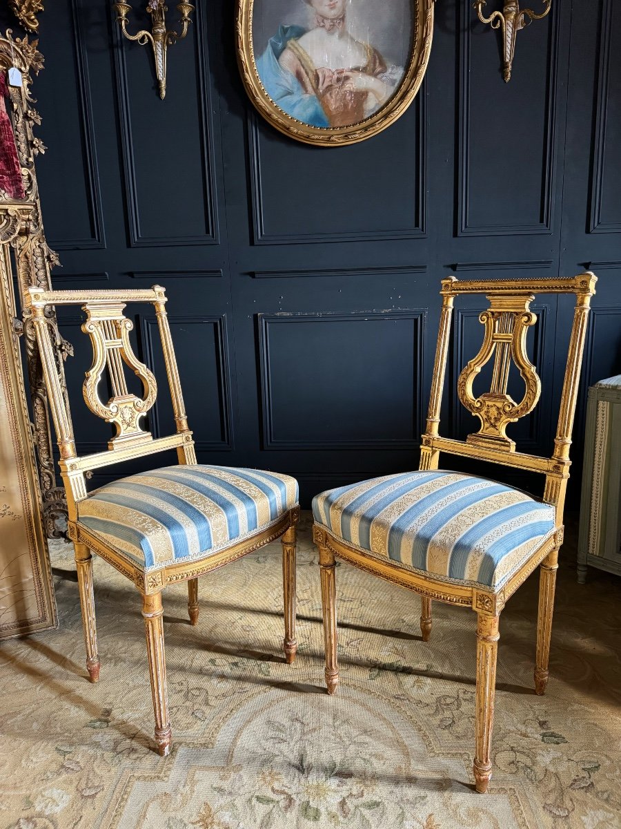 Pair Of Napoleon III Period Lyre Chairs In Gilded And Carved Wood In Louis XVI Style-photo-2