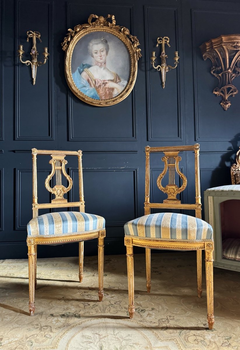 Pair Of Napoleon III Period Lyre Chairs In Gilded And Carved Wood In Louis XVI Style-photo-3