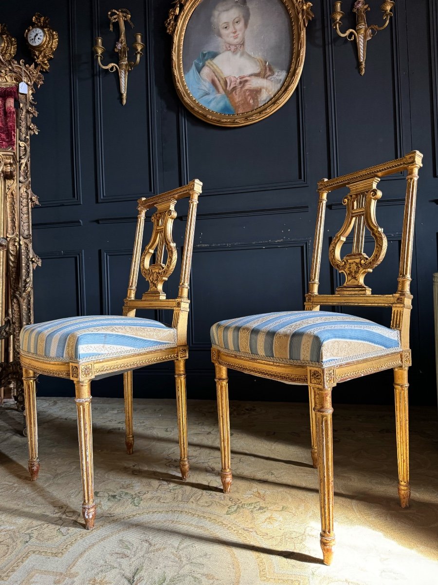 Pair Of Napoleon III Period Lyre Chairs In Gilded And Carved Wood In Louis XVI Style-photo-4