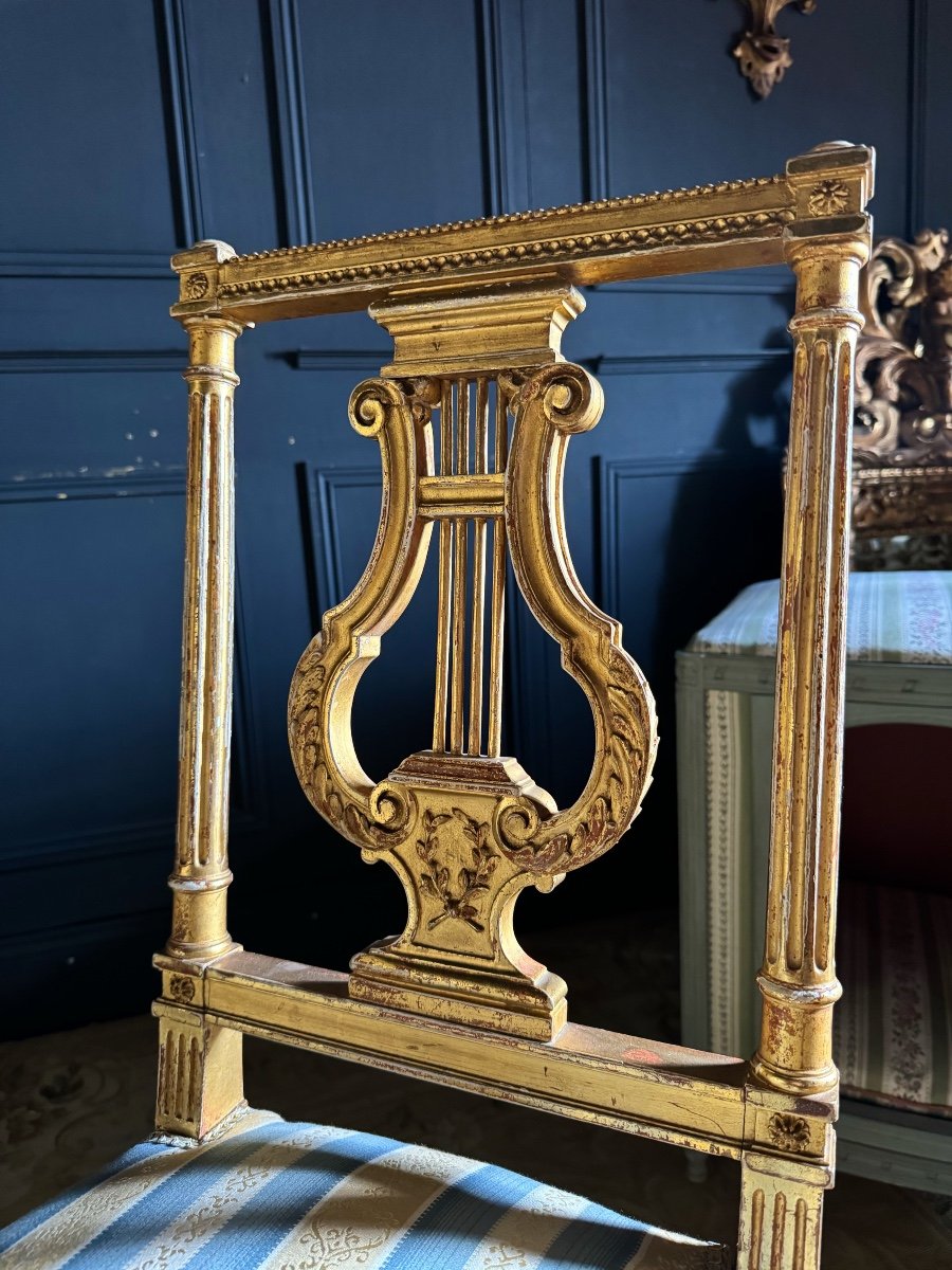 Pair Of Napoleon III Period Lyre Chairs In Gilded And Carved Wood In Louis XVI Style-photo-1