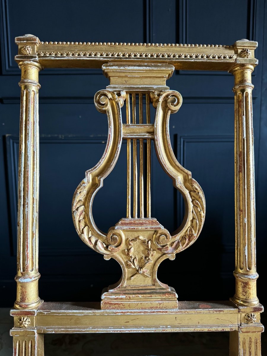 Pair Of Napoleon III Period Lyre Chairs In Gilded And Carved Wood In Louis XVI Style-photo-2