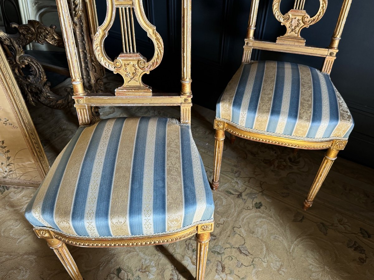 Pair Of Napoleon III Period Lyre Chairs In Gilded And Carved Wood In Louis XVI Style-photo-6