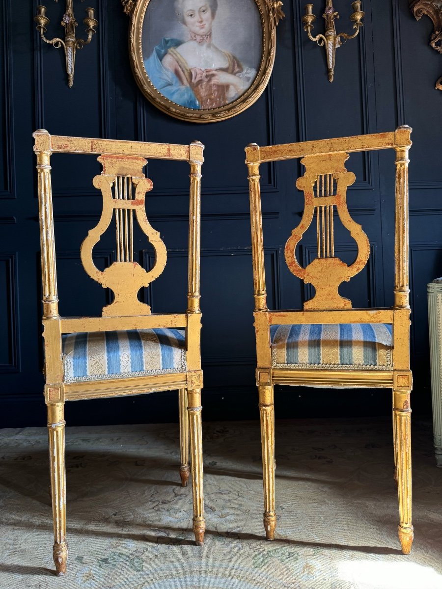 Pair Of Napoleon III Period Lyre Chairs In Gilded And Carved Wood In Louis XVI Style-photo-7