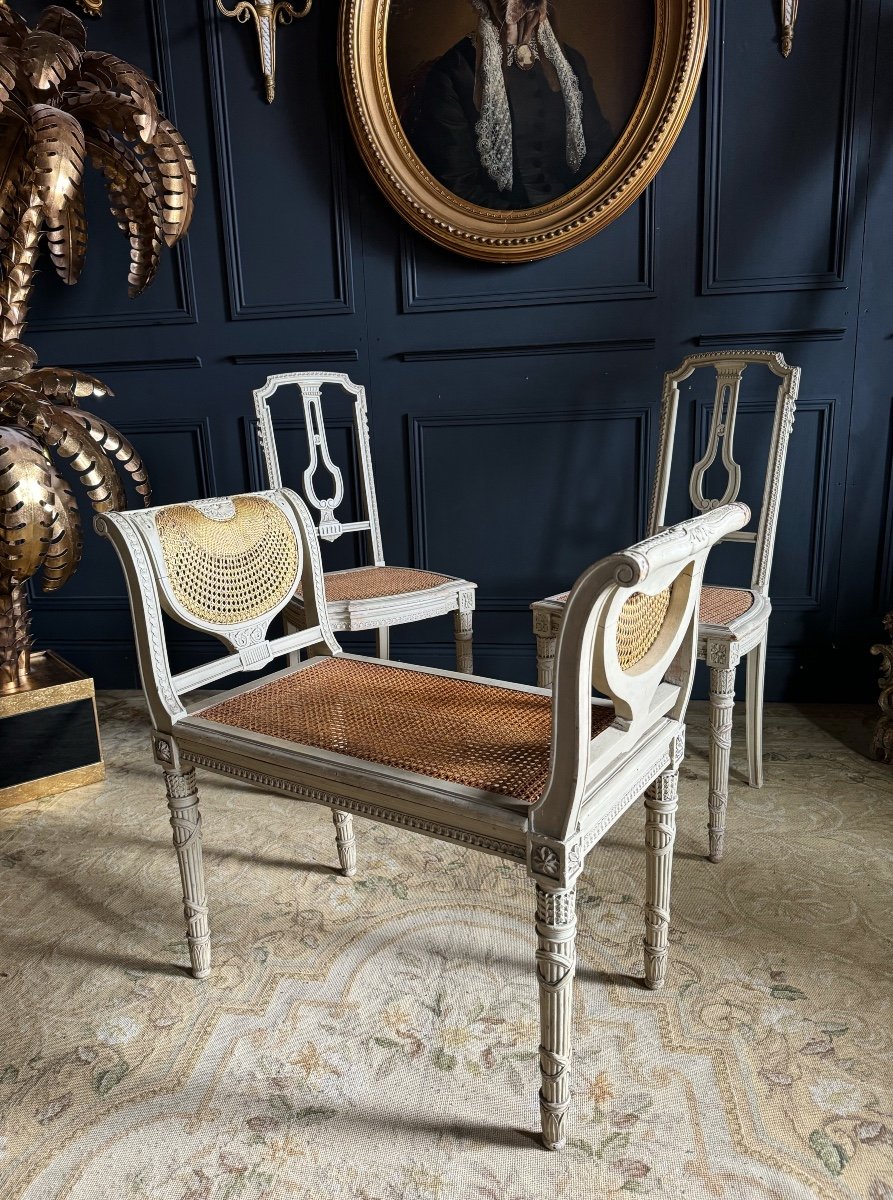 Set Of Two Chairs And A Stool, Late 19th Century, In Painted Wood And Cane, Louis XVI Style-photo-2