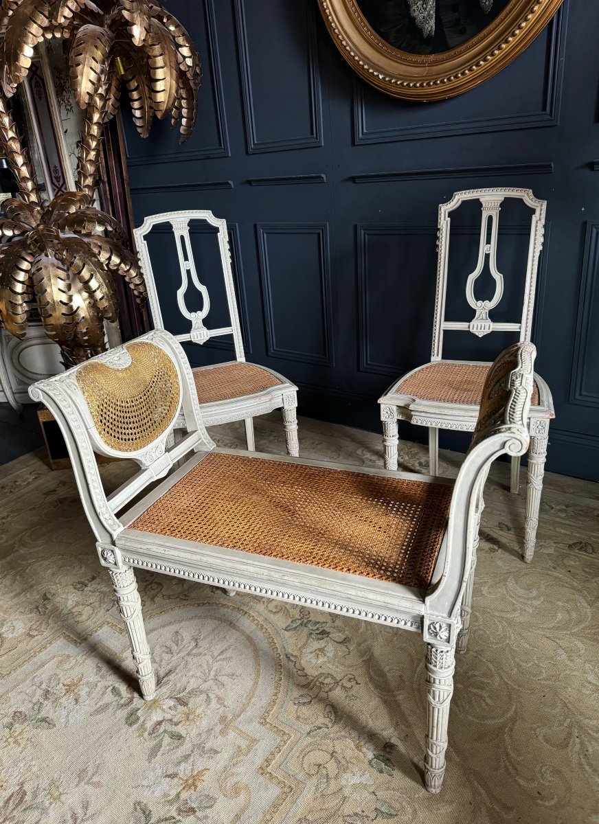 Set Of Two Chairs And A Stool, Late 19th Century, In Painted Wood And Cane, Louis XVI Style-photo-3