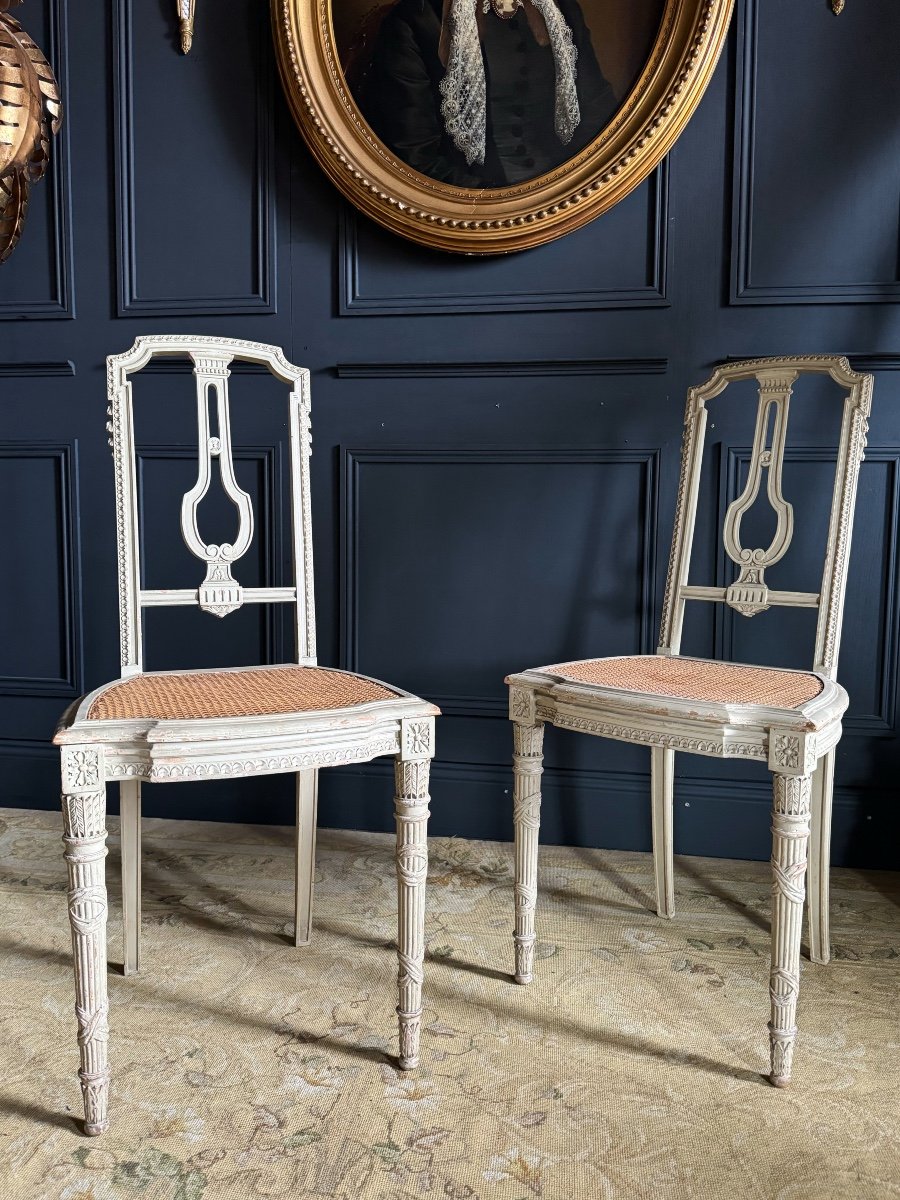 Set Of Two Chairs And A Stool, Late 19th Century, In Painted Wood And Cane, Louis XVI Style-photo-4